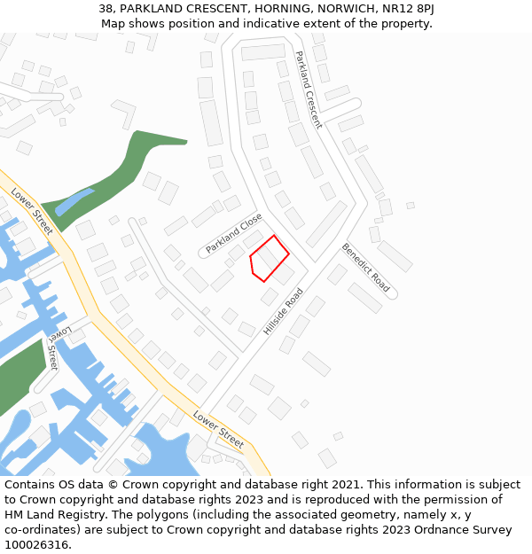 38, PARKLAND CRESCENT, HORNING, NORWICH, NR12 8PJ: Location map and indicative extent of plot