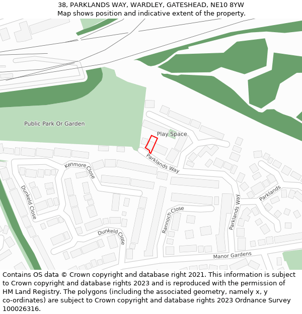 38, PARKLANDS WAY, WARDLEY, GATESHEAD, NE10 8YW: Location map and indicative extent of plot