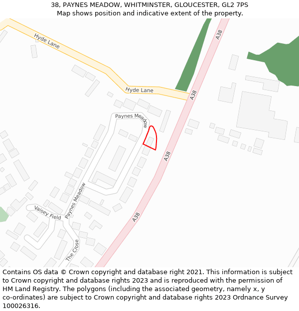 38, PAYNES MEADOW, WHITMINSTER, GLOUCESTER, GL2 7PS: Location map and indicative extent of plot