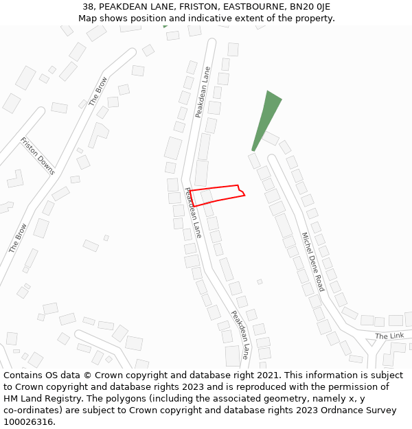 38, PEAKDEAN LANE, FRISTON, EASTBOURNE, BN20 0JE: Location map and indicative extent of plot