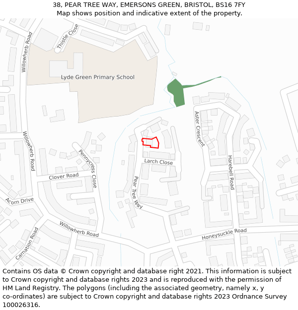 38, PEAR TREE WAY, EMERSONS GREEN, BRISTOL, BS16 7FY: Location map and indicative extent of plot