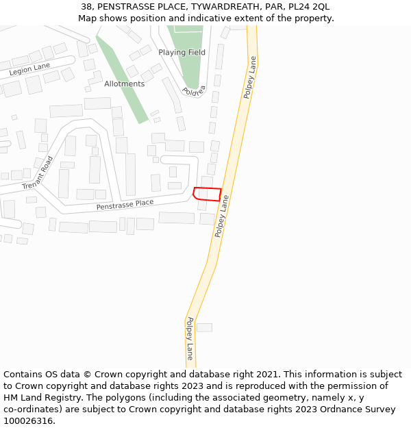 38, PENSTRASSE PLACE, TYWARDREATH, PAR, PL24 2QL: Location map and indicative extent of plot