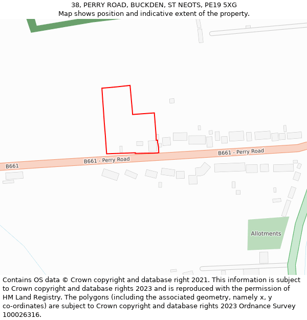 38, PERRY ROAD, BUCKDEN, ST NEOTS, PE19 5XG: Location map and indicative extent of plot