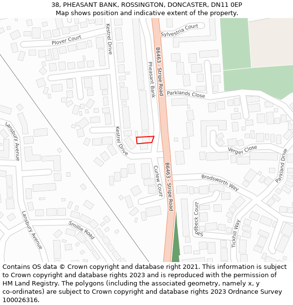 38, PHEASANT BANK, ROSSINGTON, DONCASTER, DN11 0EP: Location map and indicative extent of plot