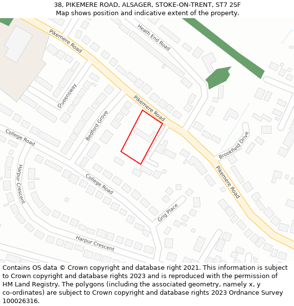 38, PIKEMERE ROAD, ALSAGER, STOKE-ON-TRENT, ST7 2SF: Location map and indicative extent of plot