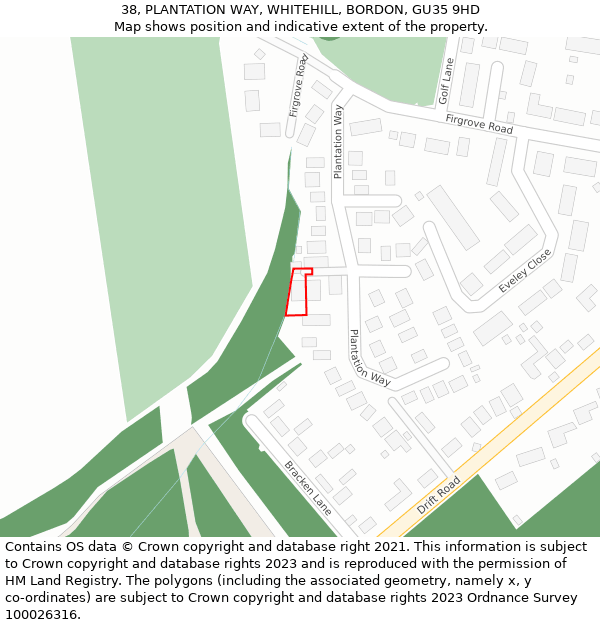 38, PLANTATION WAY, WHITEHILL, BORDON, GU35 9HD: Location map and indicative extent of plot