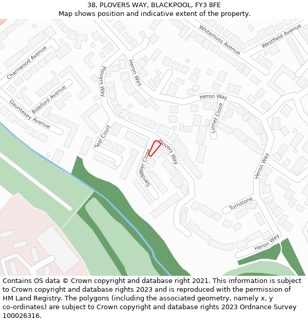38, PLOVERS WAY, BLACKPOOL, FY3 8FE: Location map and indicative extent of plot