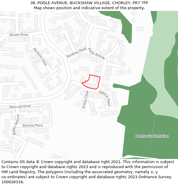 38, POOLE AVENUE, BUCKSHAW VILLAGE, CHORLEY, PR7 7FP: Location map and indicative extent of plot