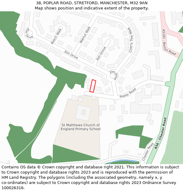 38, POPLAR ROAD, STRETFORD, MANCHESTER, M32 9AN: Location map and indicative extent of plot