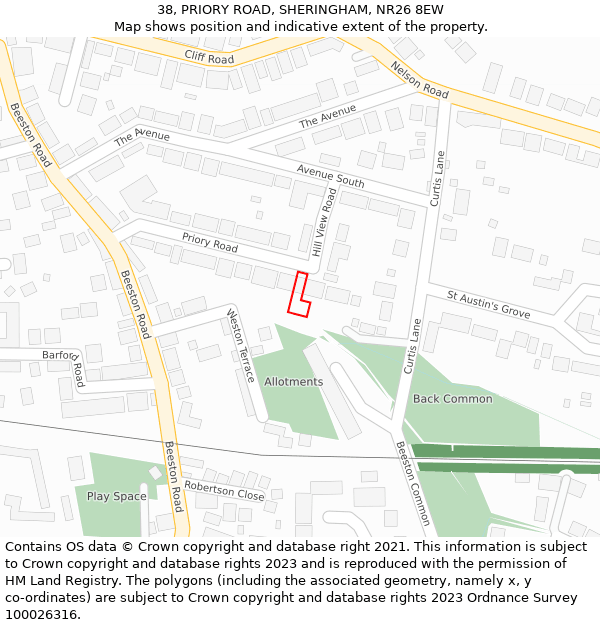 38, PRIORY ROAD, SHERINGHAM, NR26 8EW: Location map and indicative extent of plot