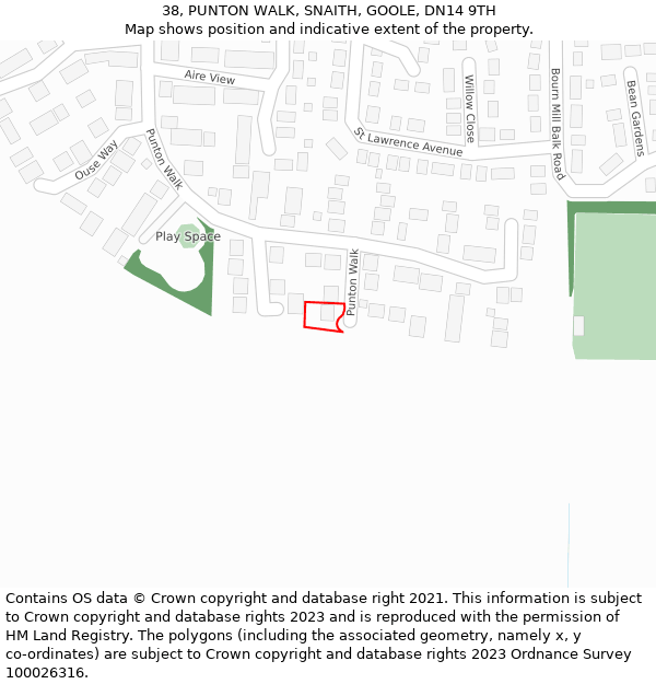 38, PUNTON WALK, SNAITH, GOOLE, DN14 9TH: Location map and indicative extent of plot