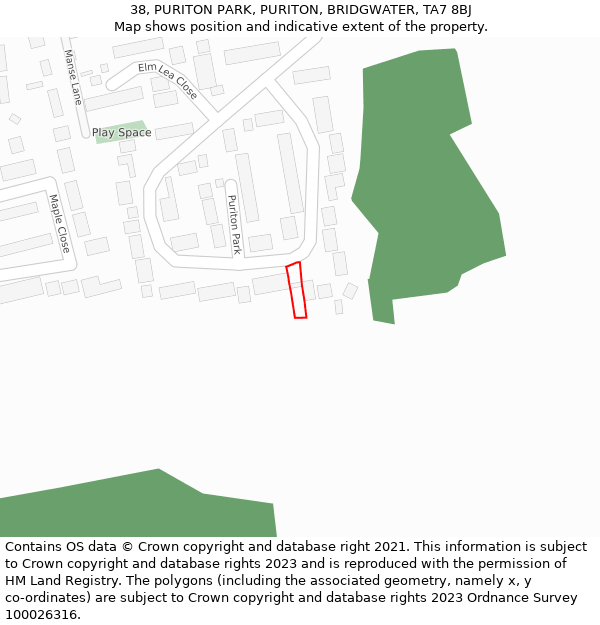 38, PURITON PARK, PURITON, BRIDGWATER, TA7 8BJ: Location map and indicative extent of plot