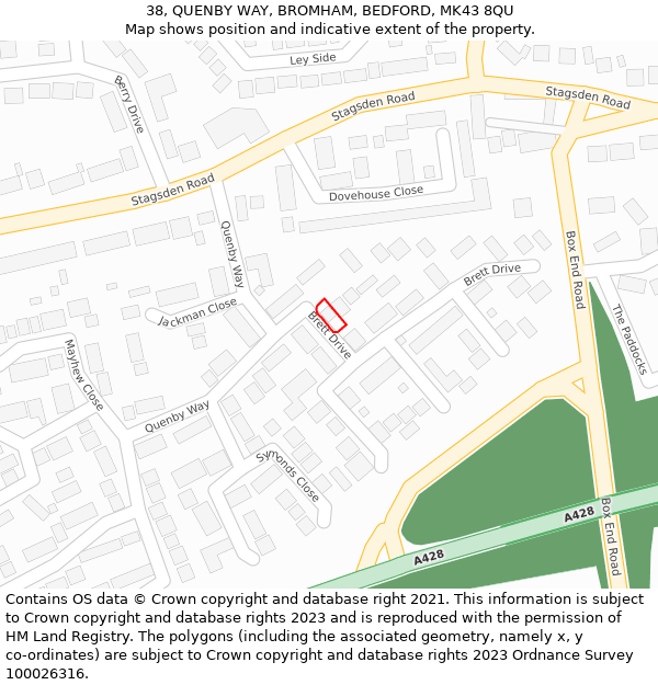 38, QUENBY WAY, BROMHAM, BEDFORD, MK43 8QU: Location map and indicative extent of plot