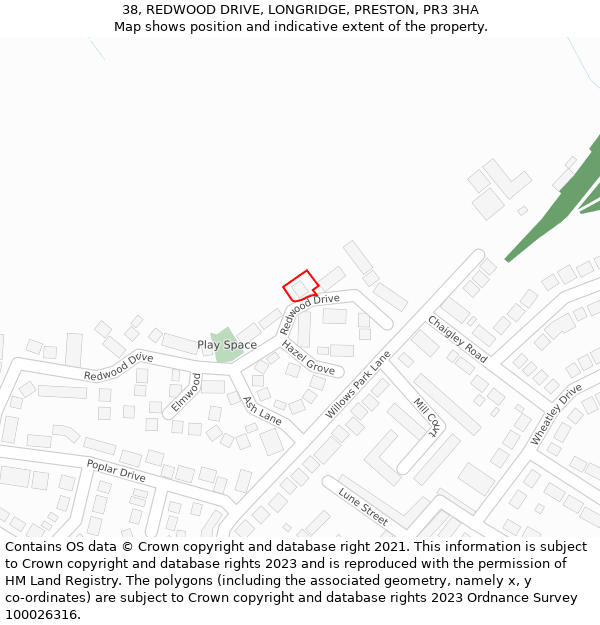 38, REDWOOD DRIVE, LONGRIDGE, PRESTON, PR3 3HA: Location map and indicative extent of plot