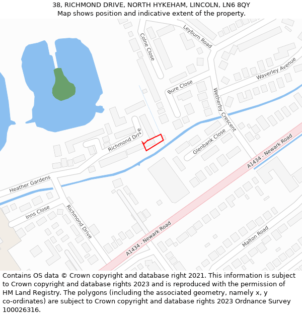 38, RICHMOND DRIVE, NORTH HYKEHAM, LINCOLN, LN6 8QY: Location map and indicative extent of plot