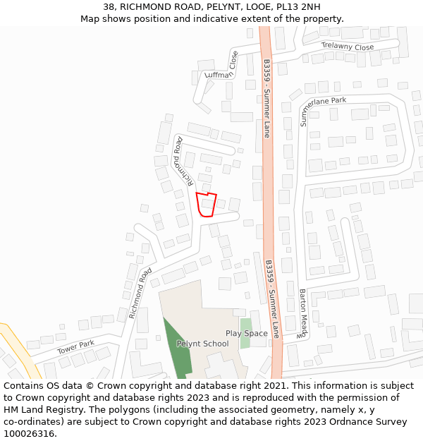 38, RICHMOND ROAD, PELYNT, LOOE, PL13 2NH: Location map and indicative extent of plot