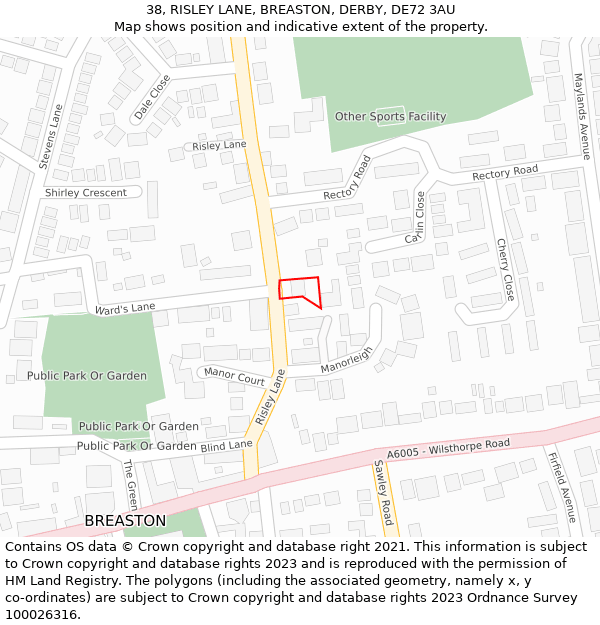 38, RISLEY LANE, BREASTON, DERBY, DE72 3AU: Location map and indicative extent of plot