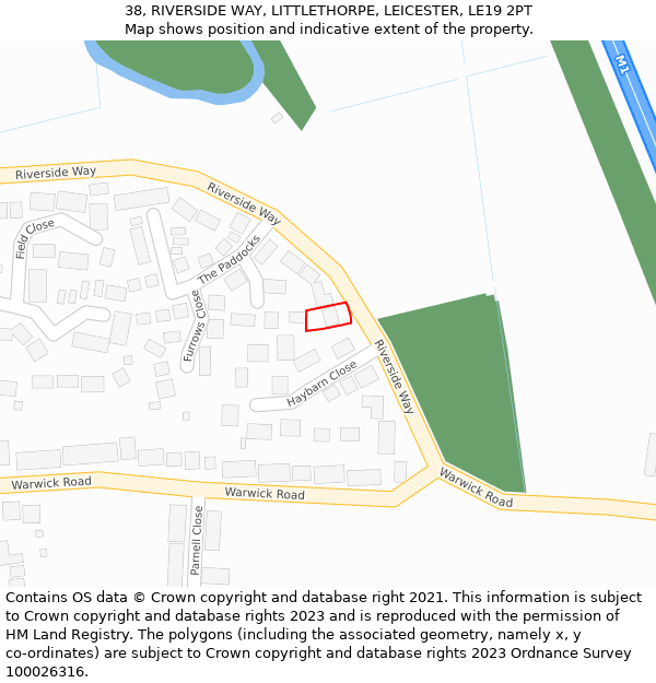 38, RIVERSIDE WAY, LITTLETHORPE, LEICESTER, LE19 2PT: Location map and indicative extent of plot