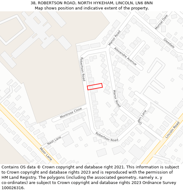 38, ROBERTSON ROAD, NORTH HYKEHAM, LINCOLN, LN6 8NN: Location map and indicative extent of plot