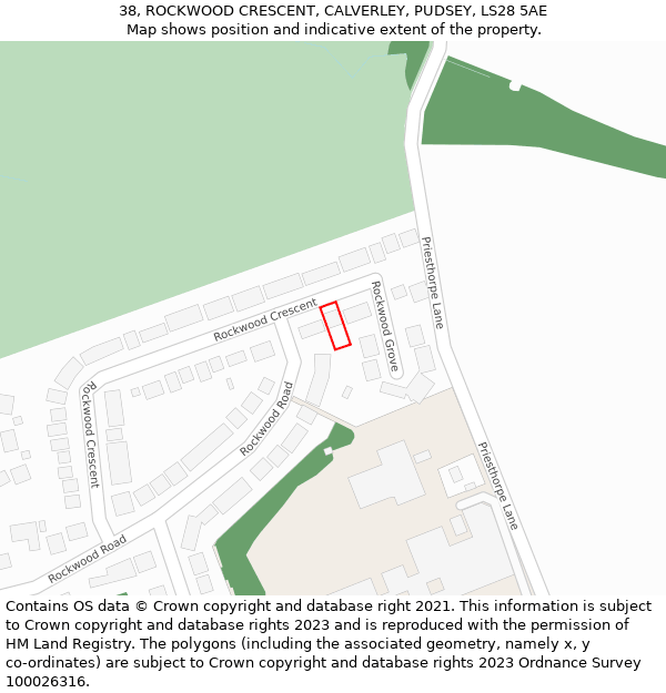 38, ROCKWOOD CRESCENT, CALVERLEY, PUDSEY, LS28 5AE: Location map and indicative extent of plot