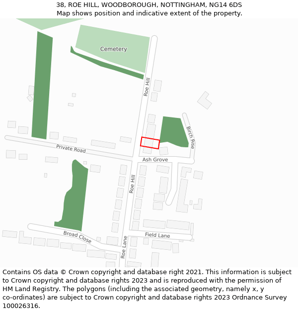 38, ROE HILL, WOODBOROUGH, NOTTINGHAM, NG14 6DS: Location map and indicative extent of plot