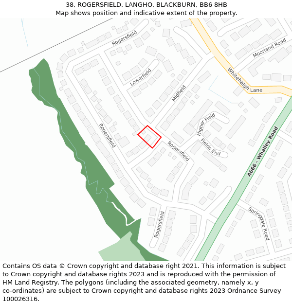 38, ROGERSFIELD, LANGHO, BLACKBURN, BB6 8HB: Location map and indicative extent of plot