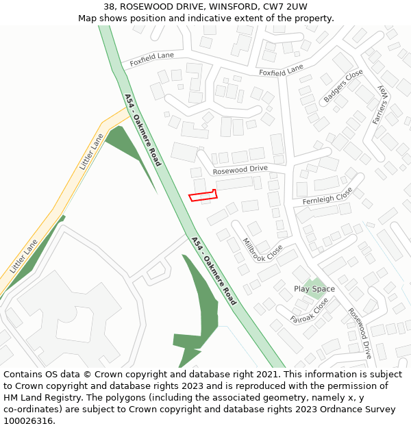 38, ROSEWOOD DRIVE, WINSFORD, CW7 2UW: Location map and indicative extent of plot