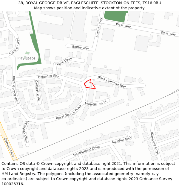 38, ROYAL GEORGE DRIVE, EAGLESCLIFFE, STOCKTON-ON-TEES, TS16 0RU: Location map and indicative extent of plot
