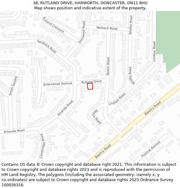 38, RUTLAND DRIVE, HARWORTH, DONCASTER, DN11 8HU: Location map and indicative extent of plot