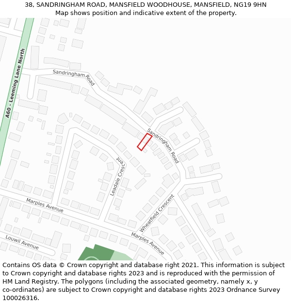 38, SANDRINGHAM ROAD, MANSFIELD WOODHOUSE, MANSFIELD, NG19 9HN: Location map and indicative extent of plot