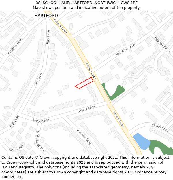 38, SCHOOL LANE, HARTFORD, NORTHWICH, CW8 1PE: Location map and indicative extent of plot
