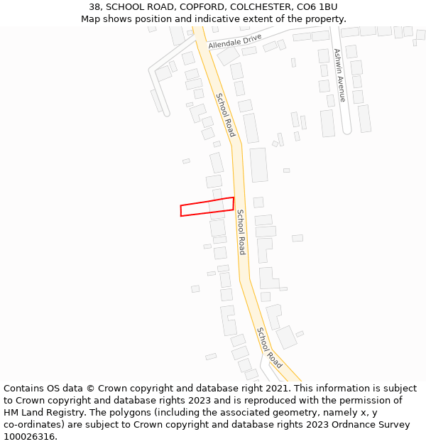 38, SCHOOL ROAD, COPFORD, COLCHESTER, CO6 1BU: Location map and indicative extent of plot
