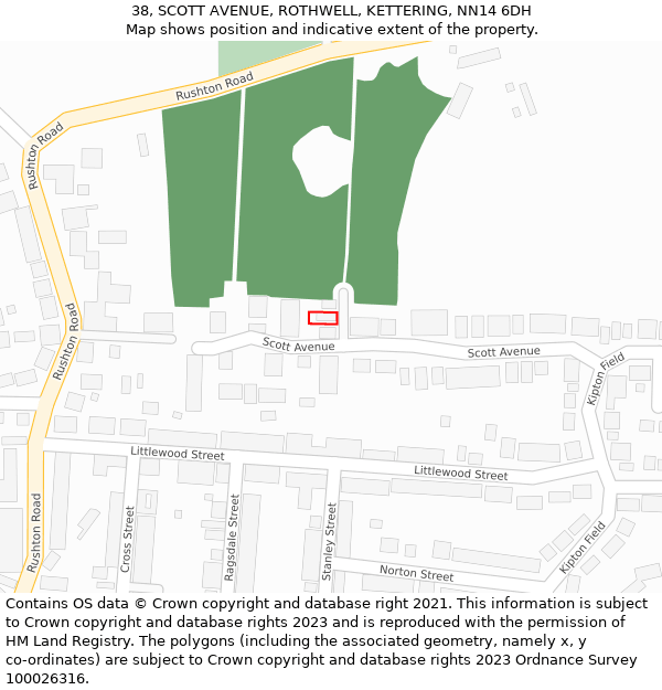 38, SCOTT AVENUE, ROTHWELL, KETTERING, NN14 6DH: Location map and indicative extent of plot