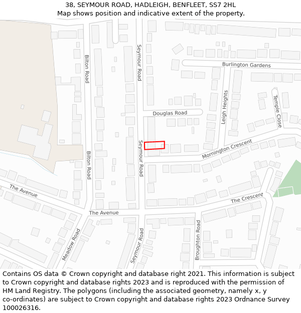 38, SEYMOUR ROAD, HADLEIGH, BENFLEET, SS7 2HL: Location map and indicative extent of plot