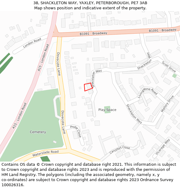 38, SHACKLETON WAY, YAXLEY, PETERBOROUGH, PE7 3AB: Location map and indicative extent of plot