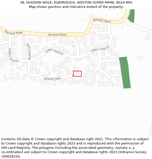 38, SHADOW WALK, ELBOROUGH, WESTON-SUPER-MARE, BS24 8PH: Location map and indicative extent of plot