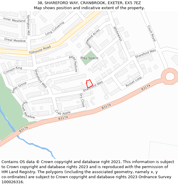 38, SHAREFORD WAY, CRANBROOK, EXETER, EX5 7EZ: Location map and indicative extent of plot