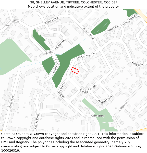 38, SHELLEY AVENUE, TIPTREE, COLCHESTER, CO5 0SF: Location map and indicative extent of plot