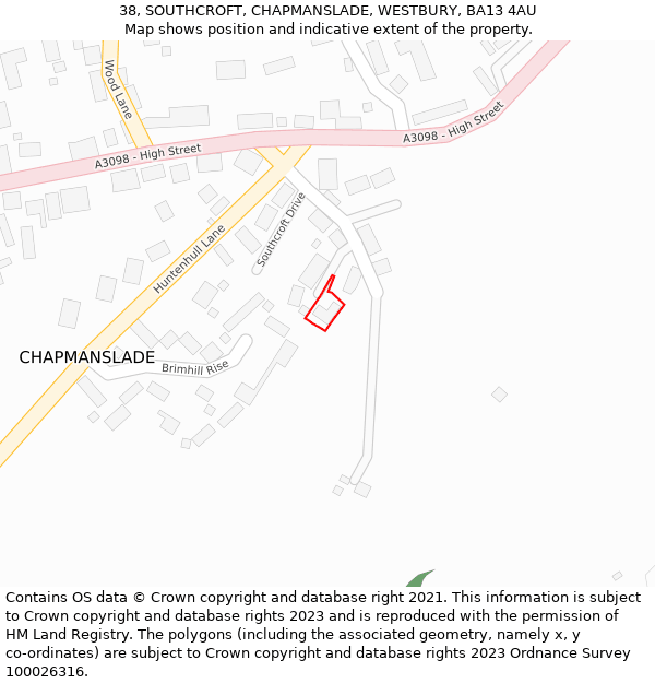 38, SOUTHCROFT, CHAPMANSLADE, WESTBURY, BA13 4AU: Location map and indicative extent of plot