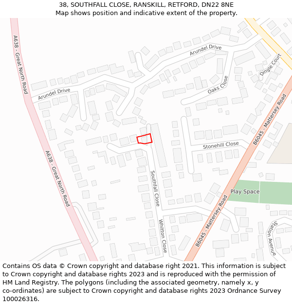 38, SOUTHFALL CLOSE, RANSKILL, RETFORD, DN22 8NE: Location map and indicative extent of plot