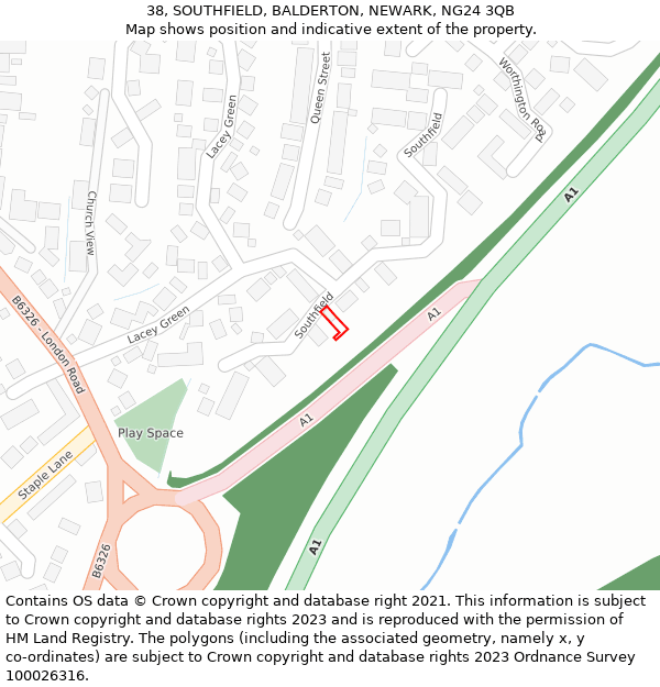 38, SOUTHFIELD, BALDERTON, NEWARK, NG24 3QB: Location map and indicative extent of plot