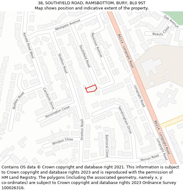 38, SOUTHFIELD ROAD, RAMSBOTTOM, BURY, BL0 9ST: Location map and indicative extent of plot