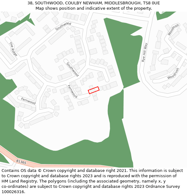 38, SOUTHWOOD, COULBY NEWHAM, MIDDLESBROUGH, TS8 0UE: Location map and indicative extent of plot