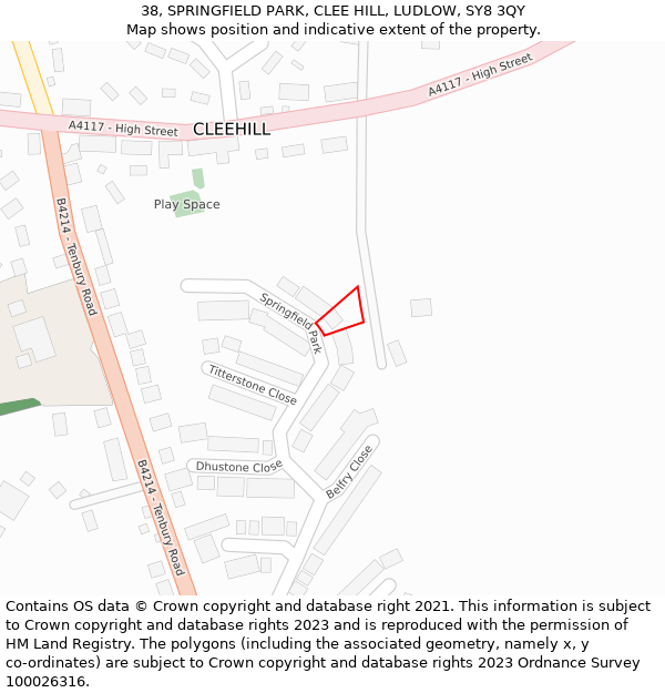 38, SPRINGFIELD PARK, CLEE HILL, LUDLOW, SY8 3QY: Location map and indicative extent of plot