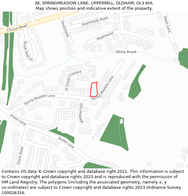 38, SPRINGMEADOW LANE, UPPERMILL, OLDHAM, OL3 6HL: Location map and indicative extent of plot