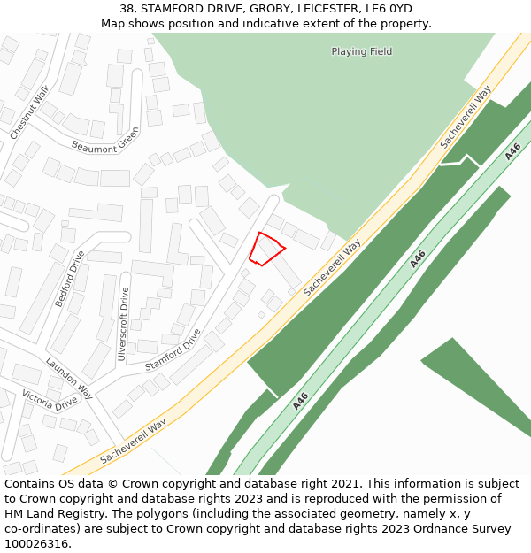 38, STAMFORD DRIVE, GROBY, LEICESTER, LE6 0YD: Location map and indicative extent of plot