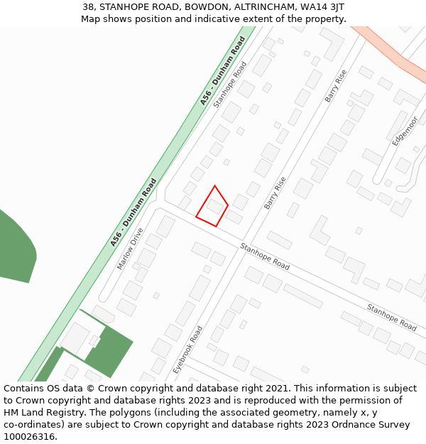38, STANHOPE ROAD, BOWDON, ALTRINCHAM, WA14 3JT: Location map and indicative extent of plot