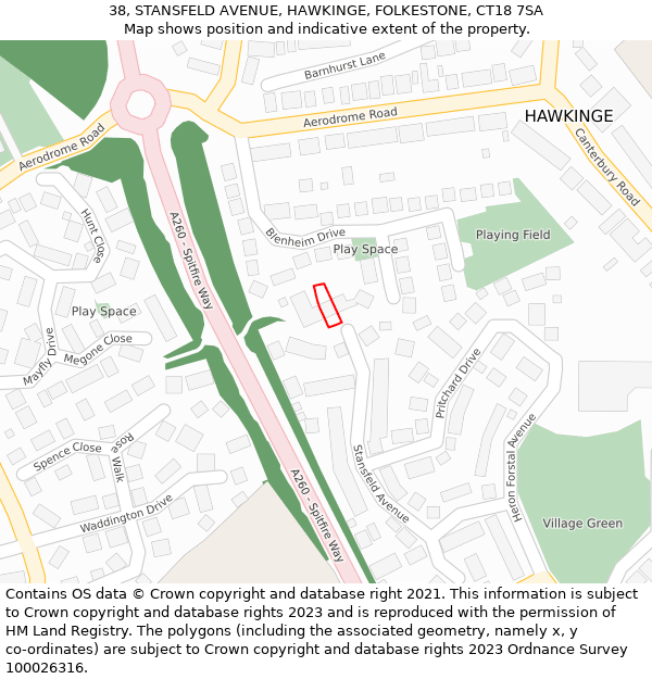 38, STANSFELD AVENUE, HAWKINGE, FOLKESTONE, CT18 7SA: Location map and indicative extent of plot