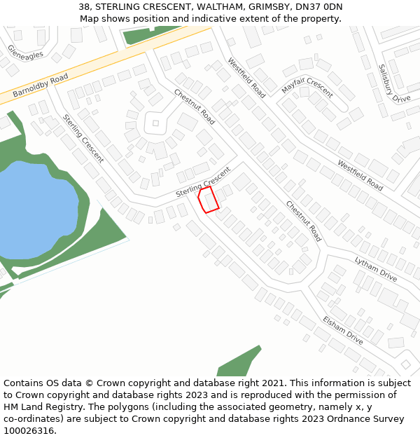 38, STERLING CRESCENT, WALTHAM, GRIMSBY, DN37 0DN: Location map and indicative extent of plot