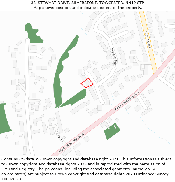 38, STEWART DRIVE, SILVERSTONE, TOWCESTER, NN12 8TP: Location map and indicative extent of plot